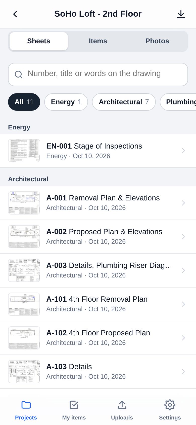 The project's sheets on the phone